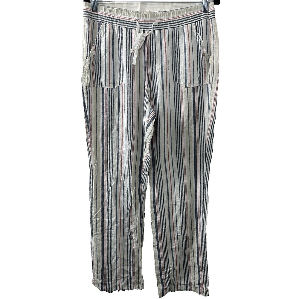 EST. 1946 Striped Linen Blend Pants M White Navy Red Drawstring Coastal Summer